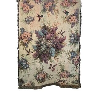 Vtg Lena Liu Hummingbirds Floral Tapestry XL Throw Blanket Cottagecore Whimsical